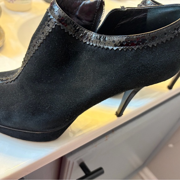 Yves Saint Laurent Black Suede Ankle Booties with Patent Trim - Picture 4 of 4